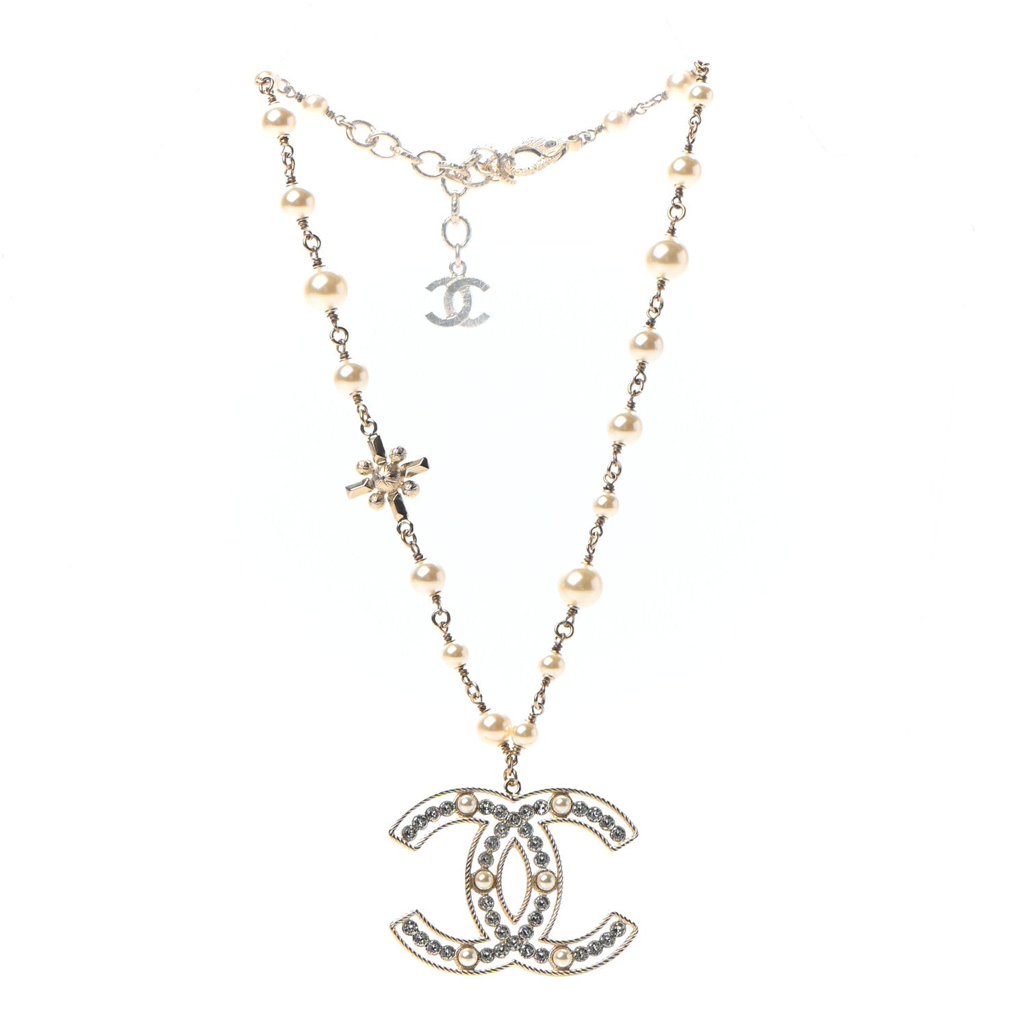 Chanel Pearl Crystal Sparkling Pearls CC Necklace Gold 3 of 6