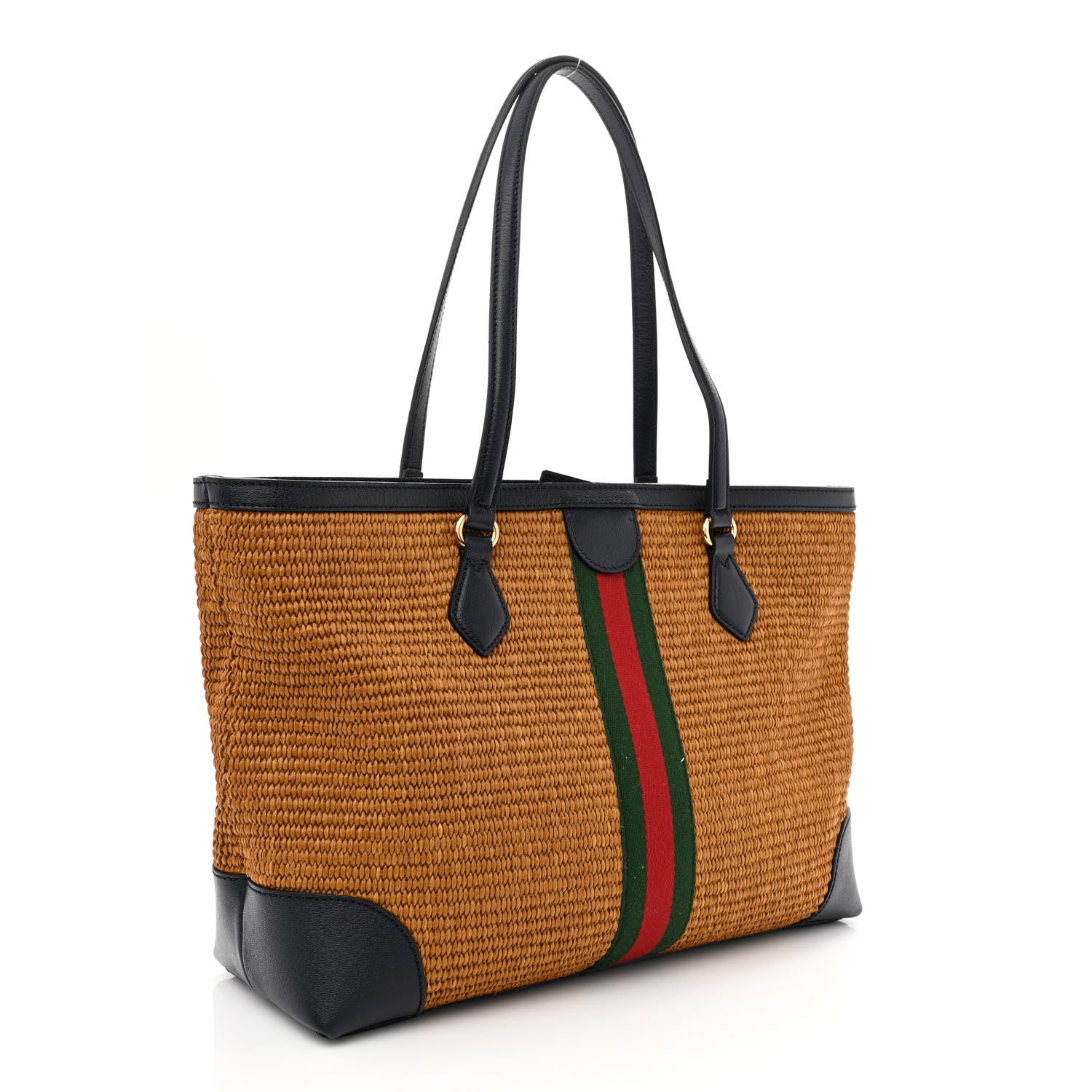 Gucci Straw Lux Calfskin Web Medium Ophidia Shopping Tote Dark Natural Blue 3 of 11