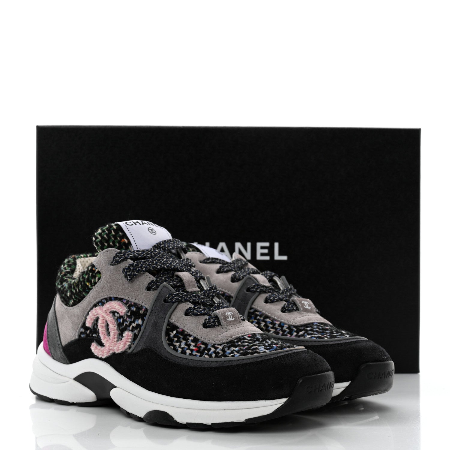 Chanel Tweed Suede CC Sneakers 36.5 Grey Pink Multicolor 9 of 9