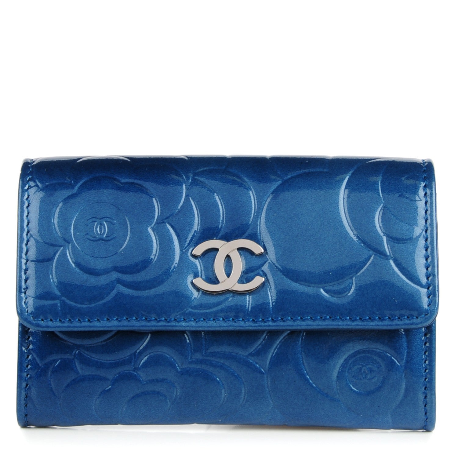 Chanel Patent Camellia Embossed Card Holder Blue 1 of 8