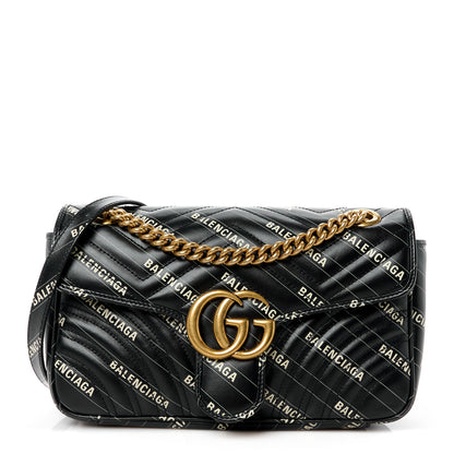 Gucci X BALENCIAGA Calfskin Matelasse Logo Print Small GG Marmont Shoulder Bag Black 1 of 13
