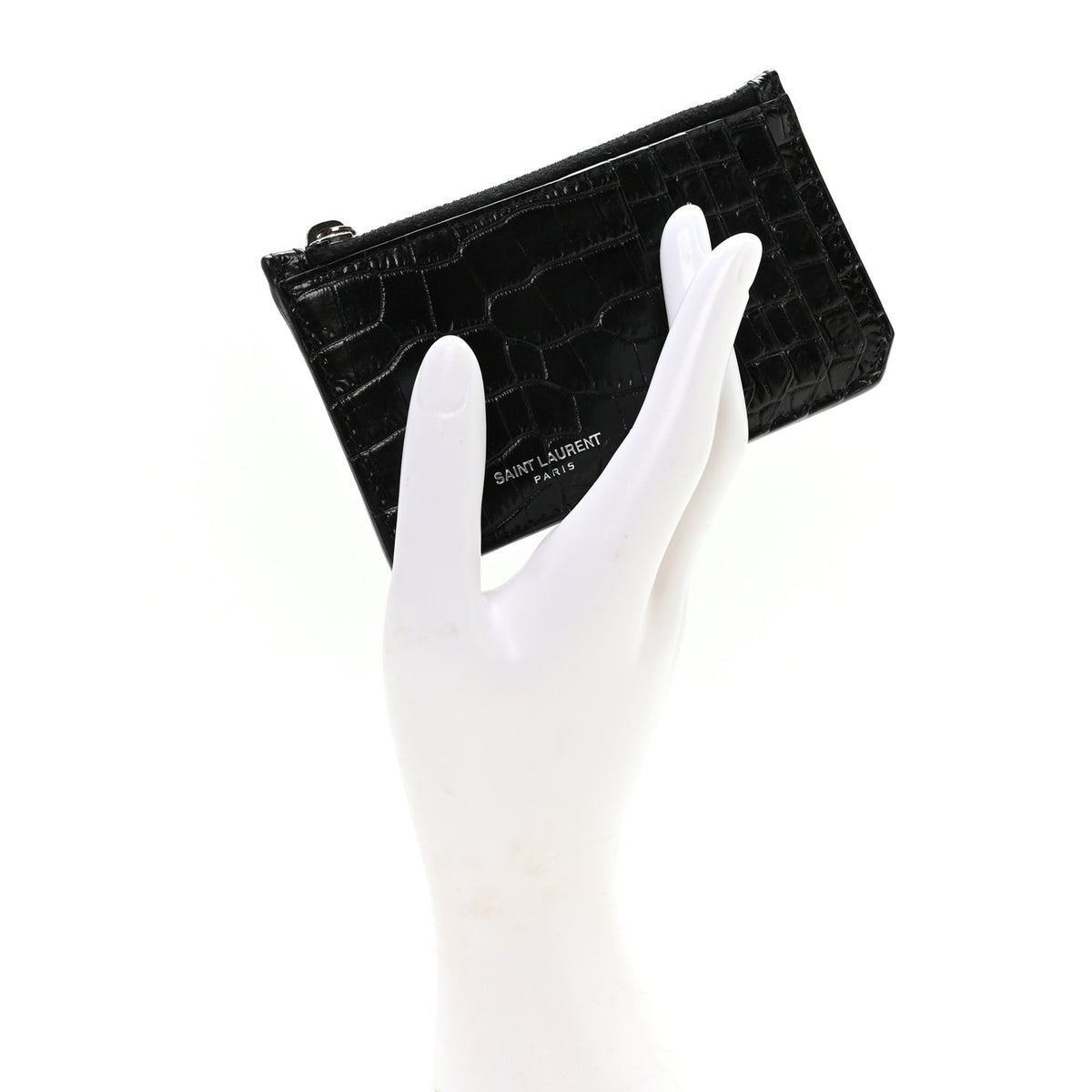 Calfskin Crocodile Embossed 5 Fragments Zip Pouch Card Holder Black