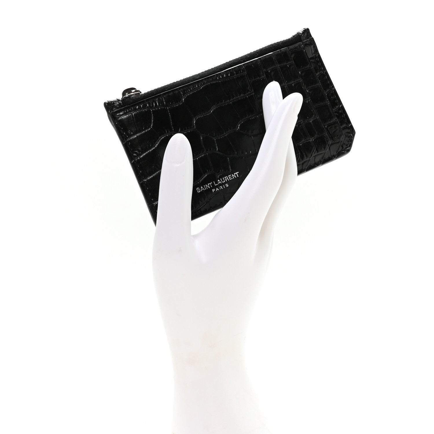 Saint Laurent Calfskin Crocodile Embossed 5 Fragments Zip Pouch Card Holder Black 2 of 8