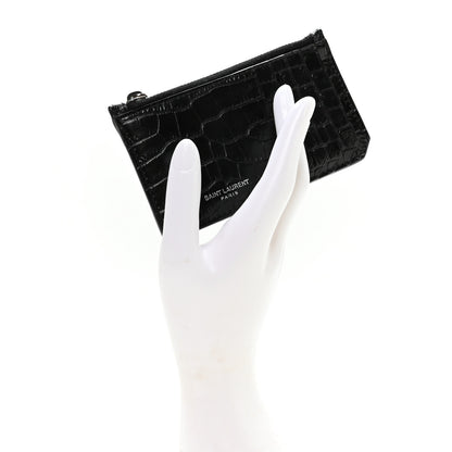 Saint Laurent Calfskin Crocodile Embossed 5 Fragments Zip Pouch Card Holder Black 2 of 8