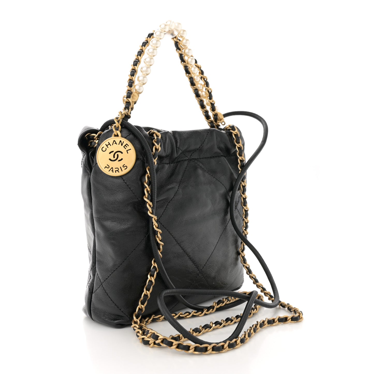 Shiny Crumpled Calfskin Quilted Pearl Mini Chanel 22 Black