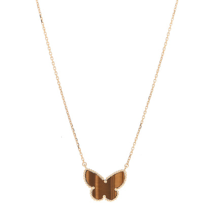 Van Cleef & Arpels 18K Yellow Gold Tiger Eye Lucky Alhambra Butterfly Pendant Necklace 1 of 6