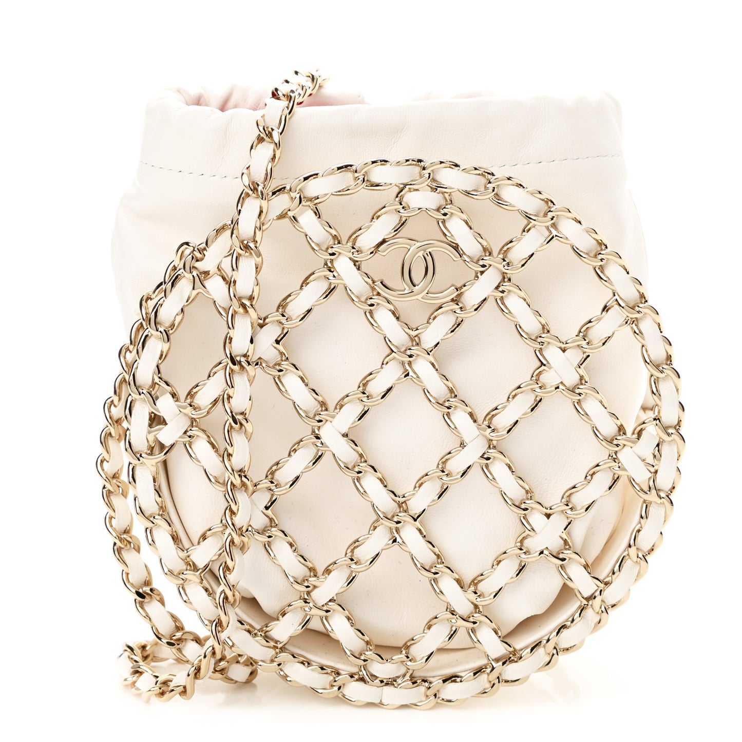 Lambskin Quilted Round Caged Chain Around Crossbody White