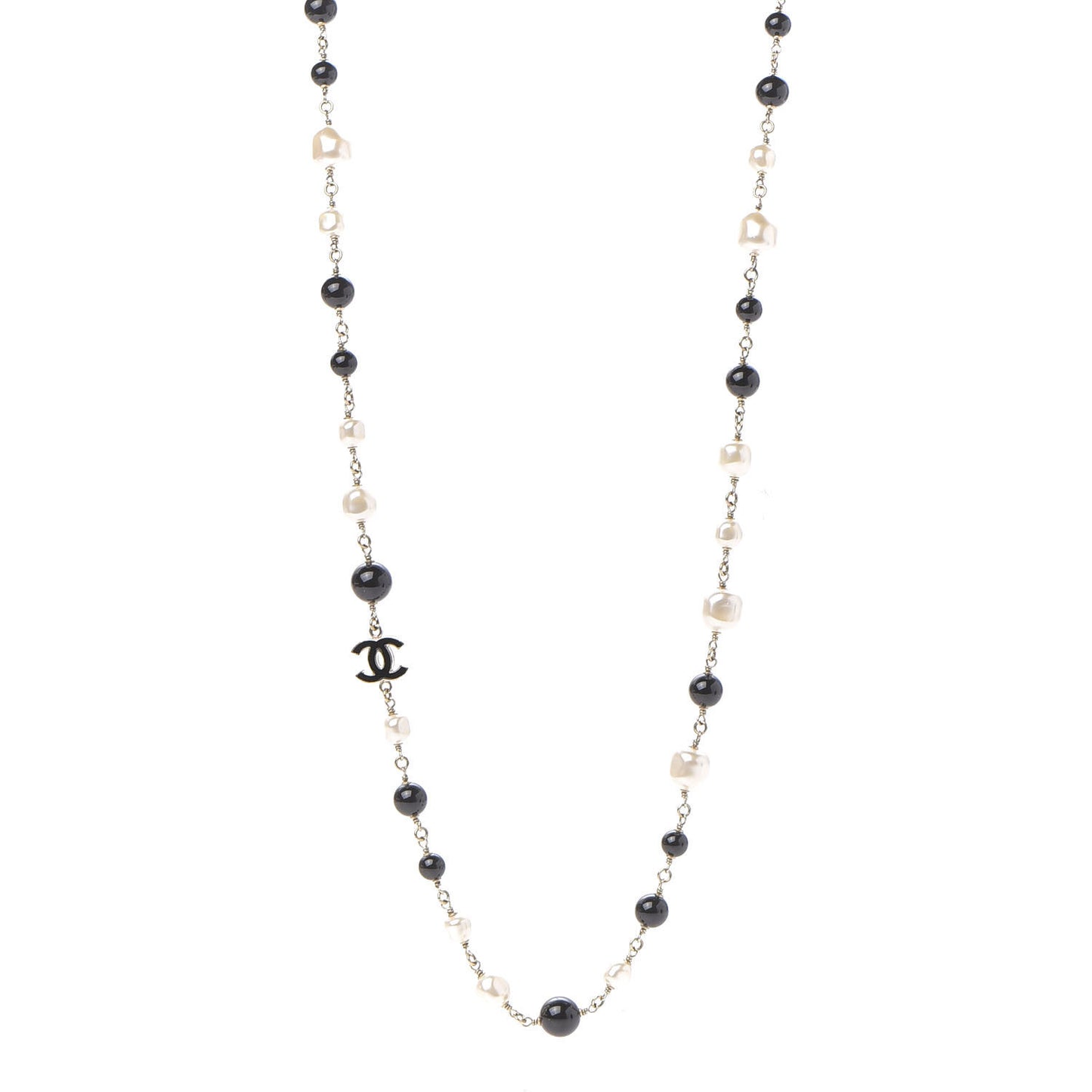 Pearl Beaded Crystal CC Long Necklace Gold Black White