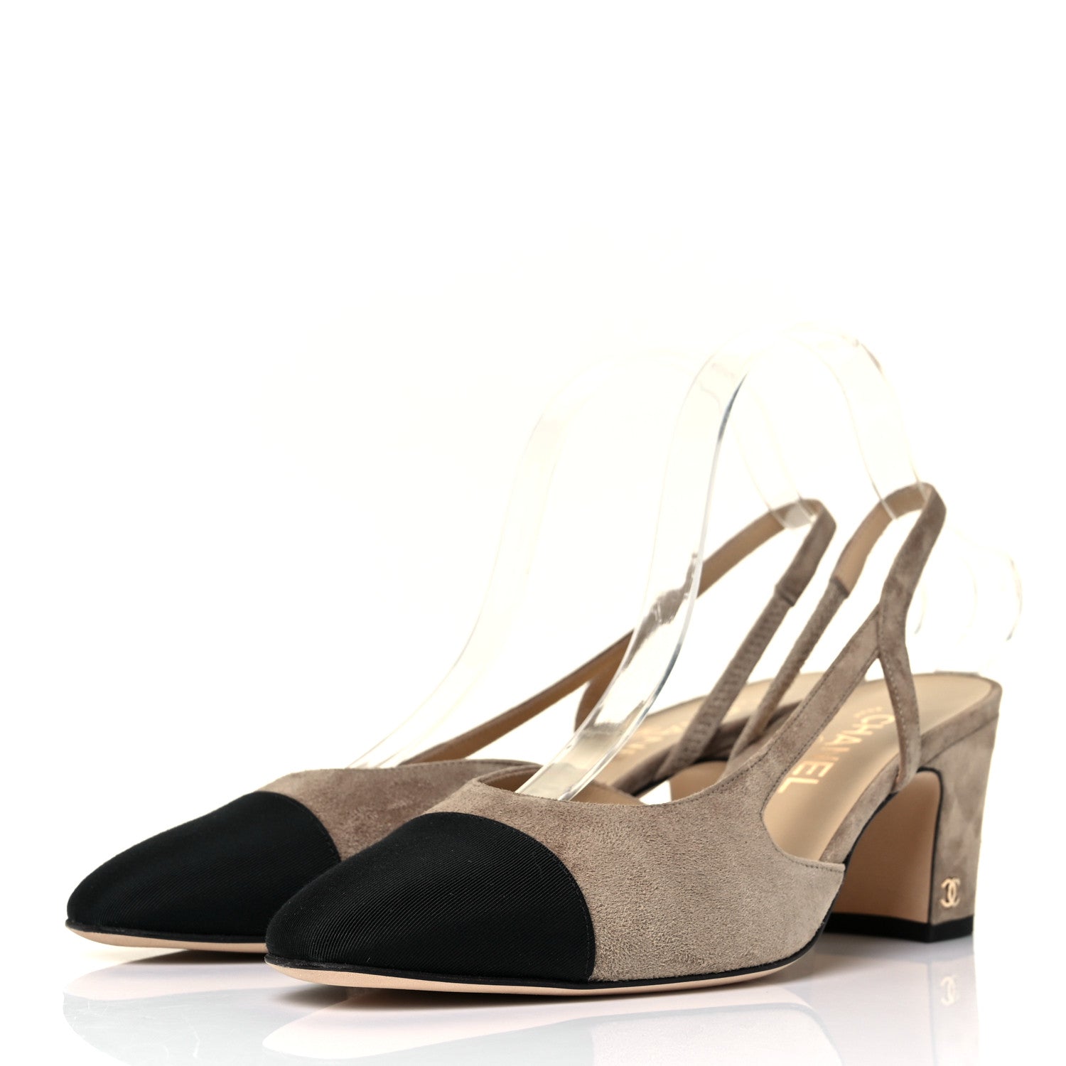 Chanel Suede Grosgrain Cap Toe CC Slingback Pumps 39.5 Beige Black 3 of 9