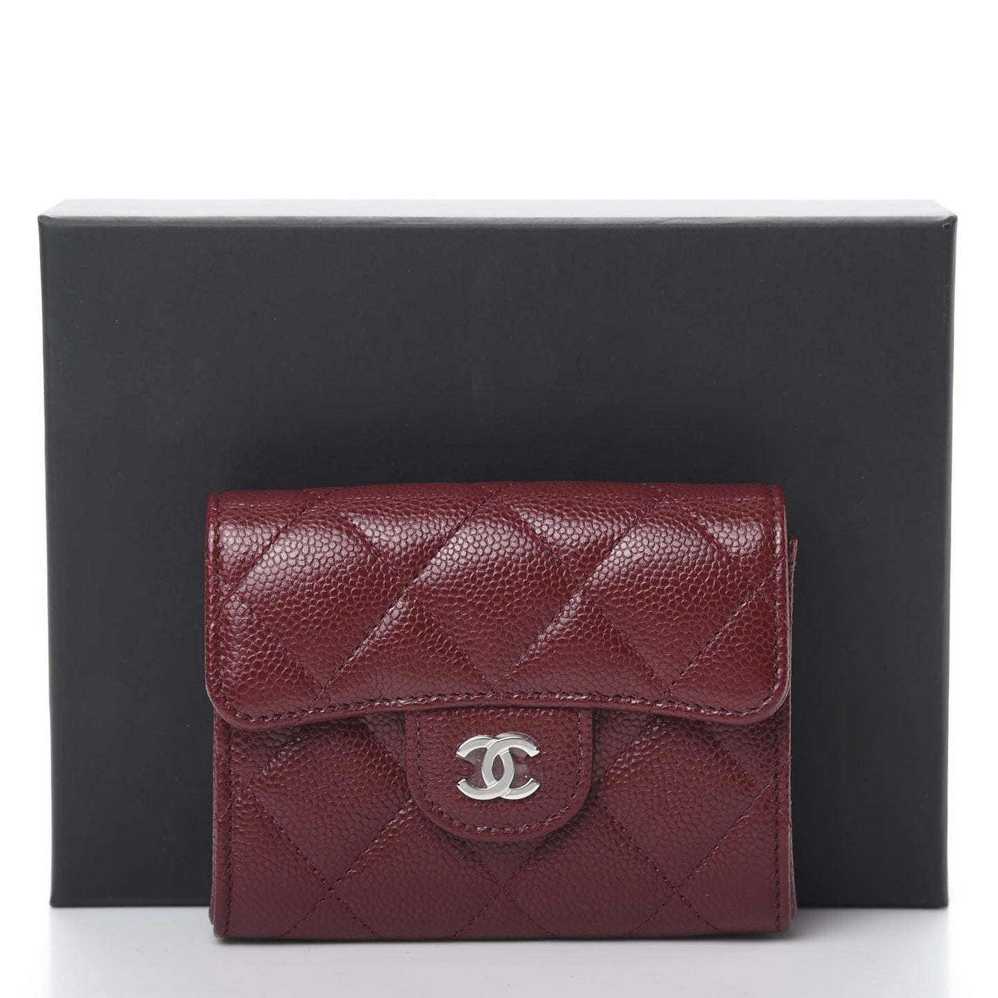 Caviar Quilted Flap Card Holder Wallet Burgundy