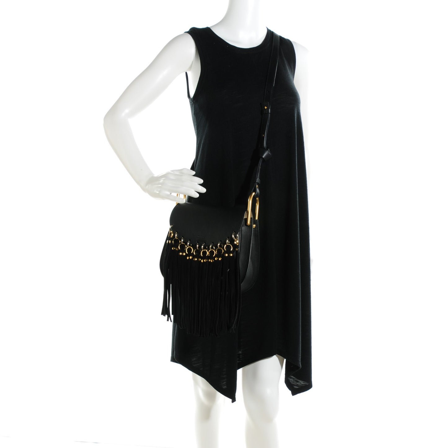 Calfskin Small Hudson Fringe Shoulder Bag Black