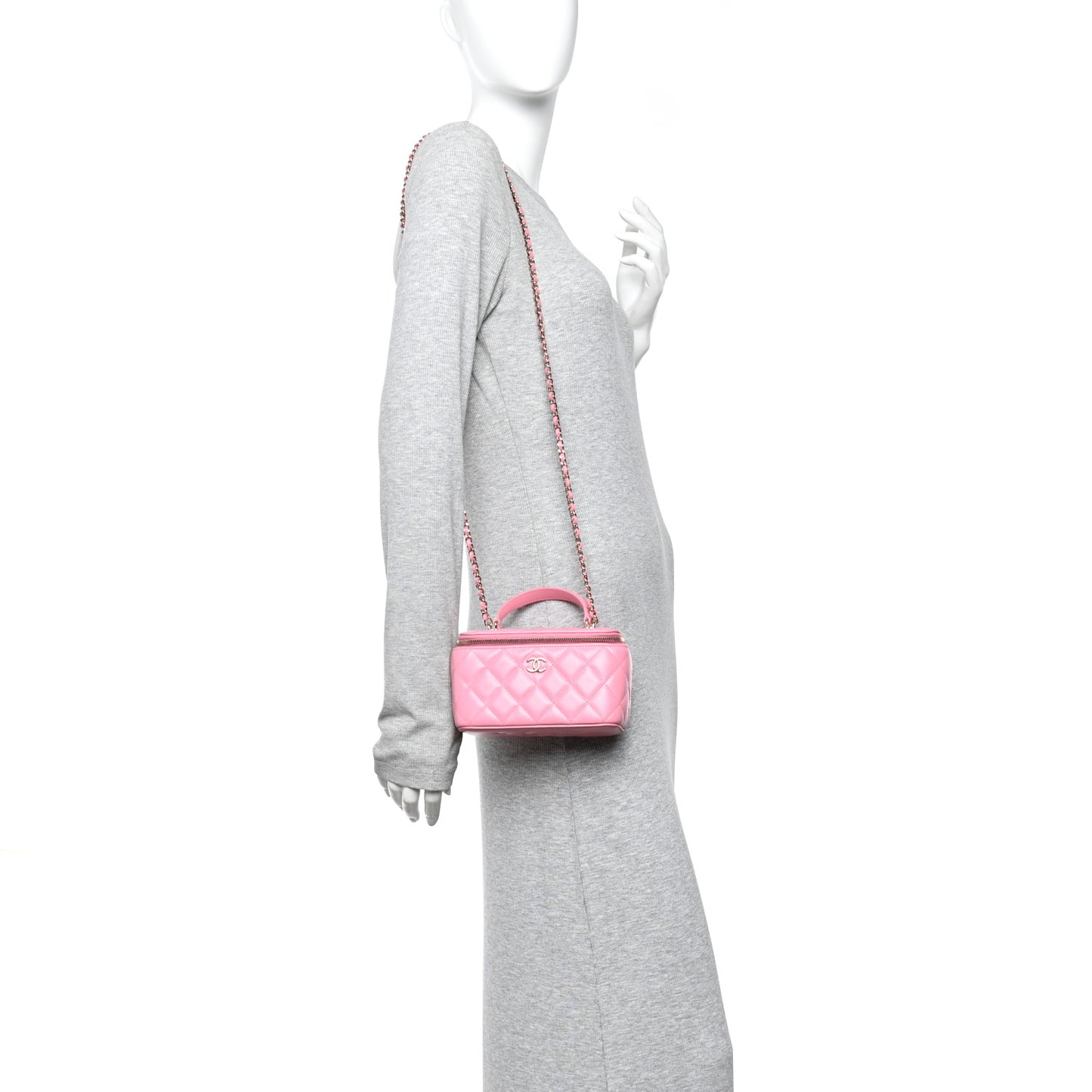 Lambskin Quilted Small Top Handle Vanity Case With Chain Pink