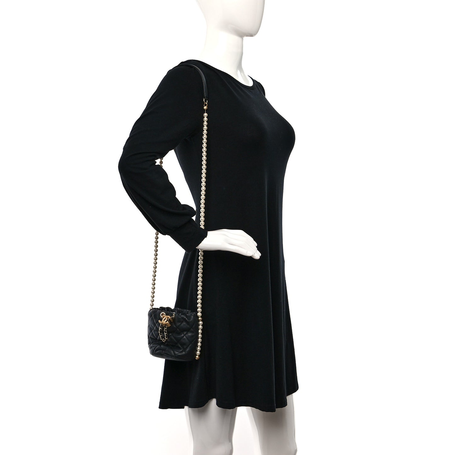 Calfskin Quilted Pearl Mini About Pearls Drawstring Bucket Bag Black