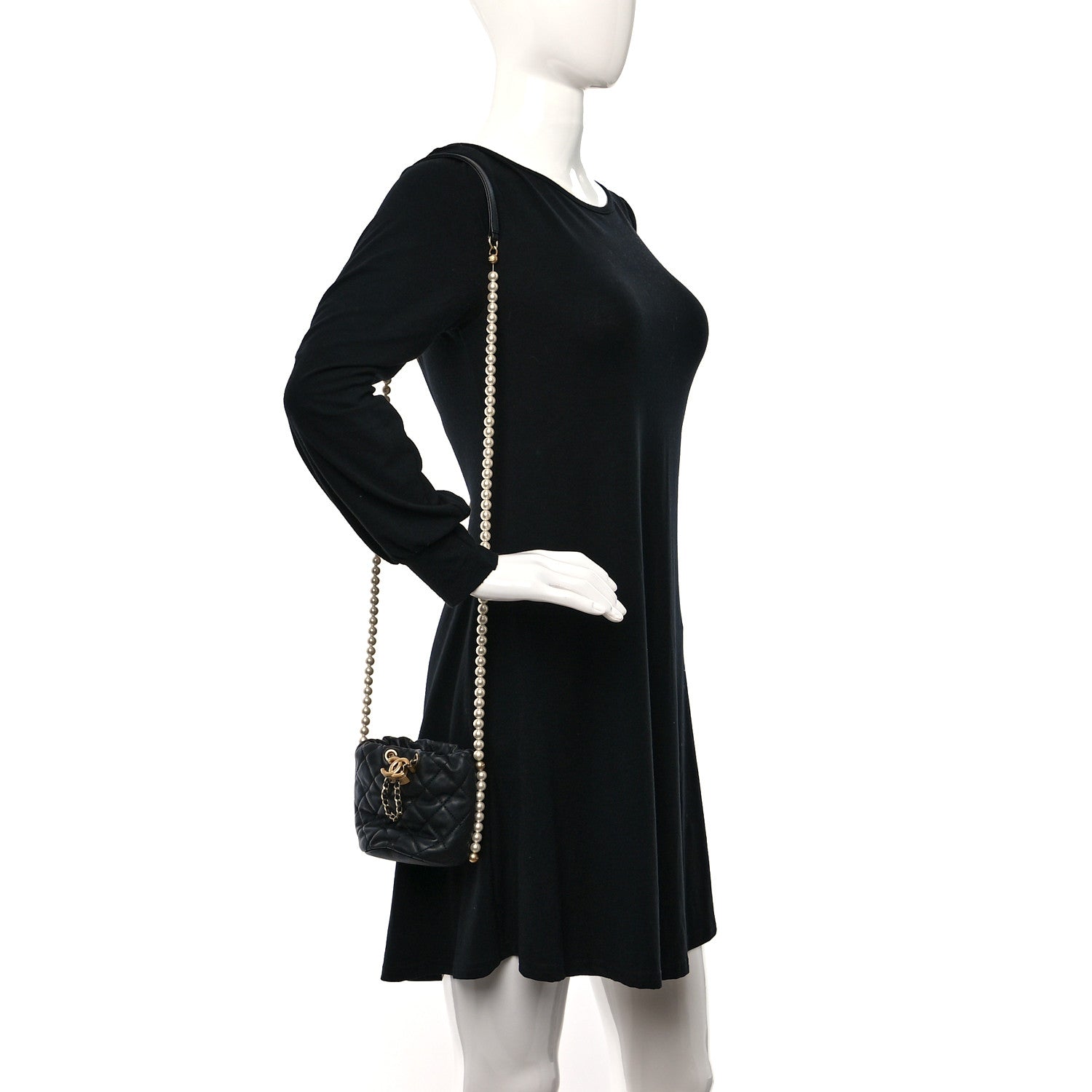 Chanel Calfskin Quilted Pearl Mini About Pearls Drawstring Bucket Bag Black 2 of 9