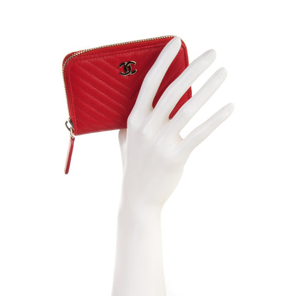 Chanel Caviar Chevron Quilted Zip Around Coin Purse Red 2 of 7