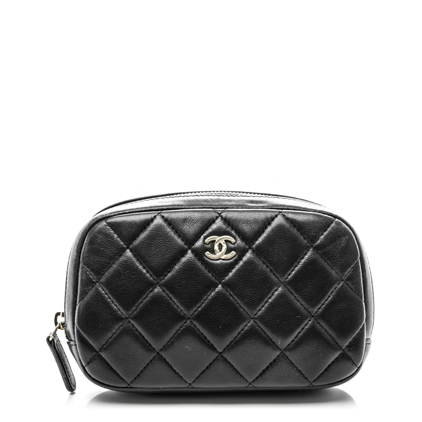 Lambskin Quilted Small Curvy Pouch Cosmetic Case Black