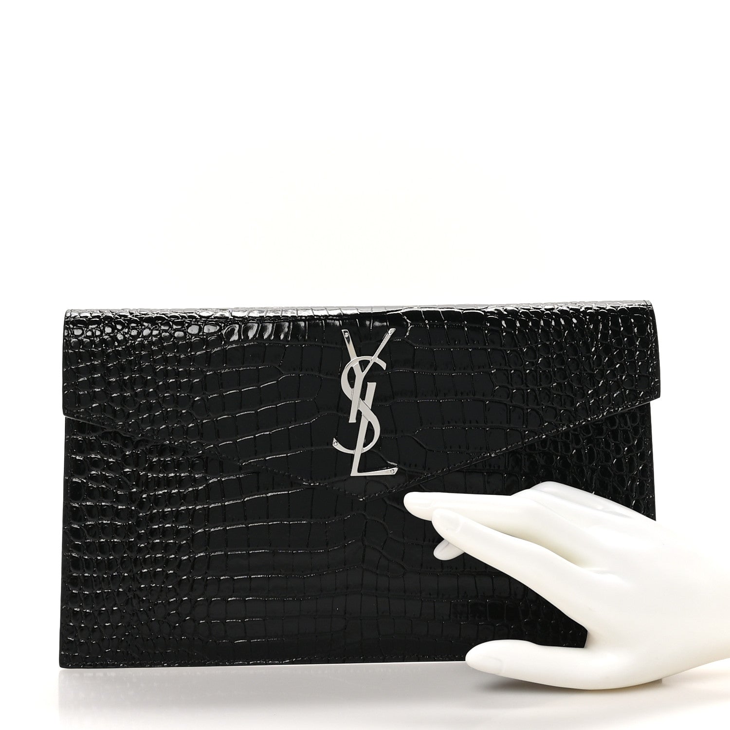 Saint Laurent Calfskin Crocodile Embossed Uptown Monogram Pouch Black 2 of 7