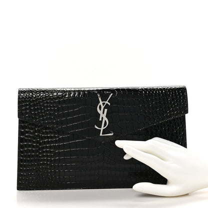 Saint Laurent Calfskin Crocodile Embossed Uptown Monogram Pouch Black 2 of 7