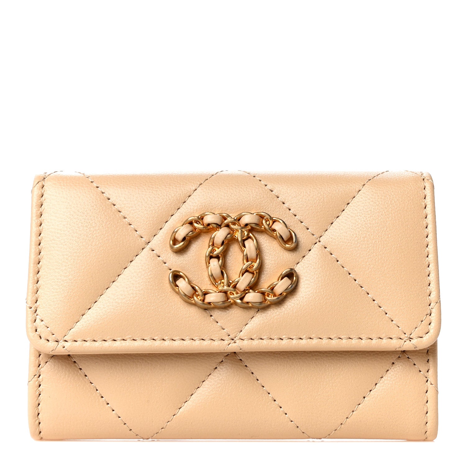 Chanel Shiny Goatskin Quilted Chanel 19 Flap Card Holder Beige 1 of 12