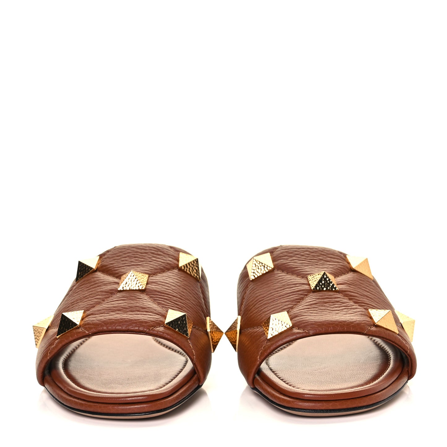 Pebbled Calfskin Roman Stud Flat Slide Sandals 40 Saddle Brown