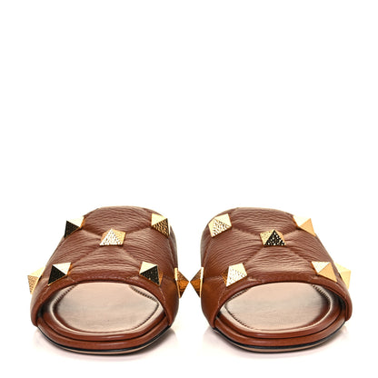 Valentino Garavani Pebbled Calfskin Roman Stud Flat Slide Sandals 40 Saddle Brown 2 of 8