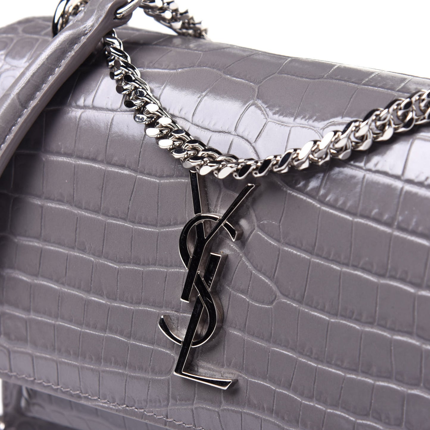 Calfskin Crocodile Embossed Monogram Sunset Chain Wallet Fog