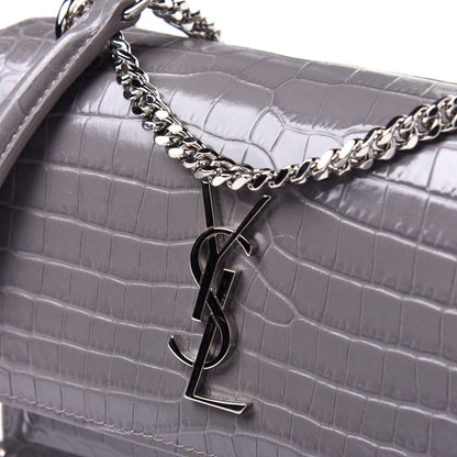 Saint Laurent Calfskin Crocodile Embossed Monogram Sunset Chain Wallet Fog 11 of 11