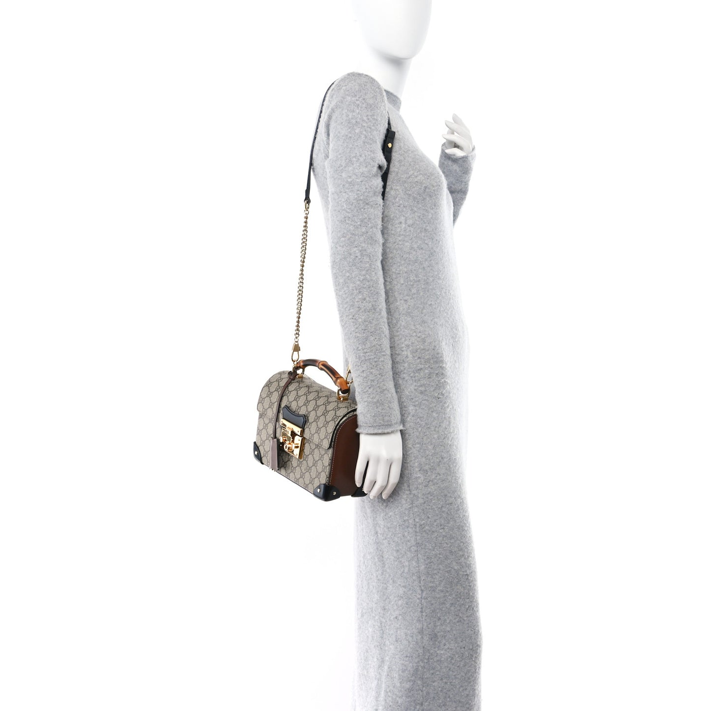 GG Supreme Monogram Small Padlock Bamboo Shoulder Bag Beige Black Cuir