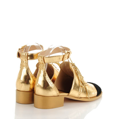 Chanel Metallic Calfskin Suede CC Brogue Lace Up Ankle Strap Oxford Sandals 36 Gold Black 4 of 8