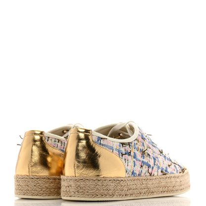 Chanel Tweed Laminated Lambskin Lace Up Espadrilles 39 Pink Blue Gold White 5 of 9