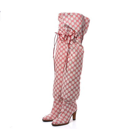 Gucci Monogram Over The Knee Boots 36 Gardenia Hibiscus Red 3 of 6