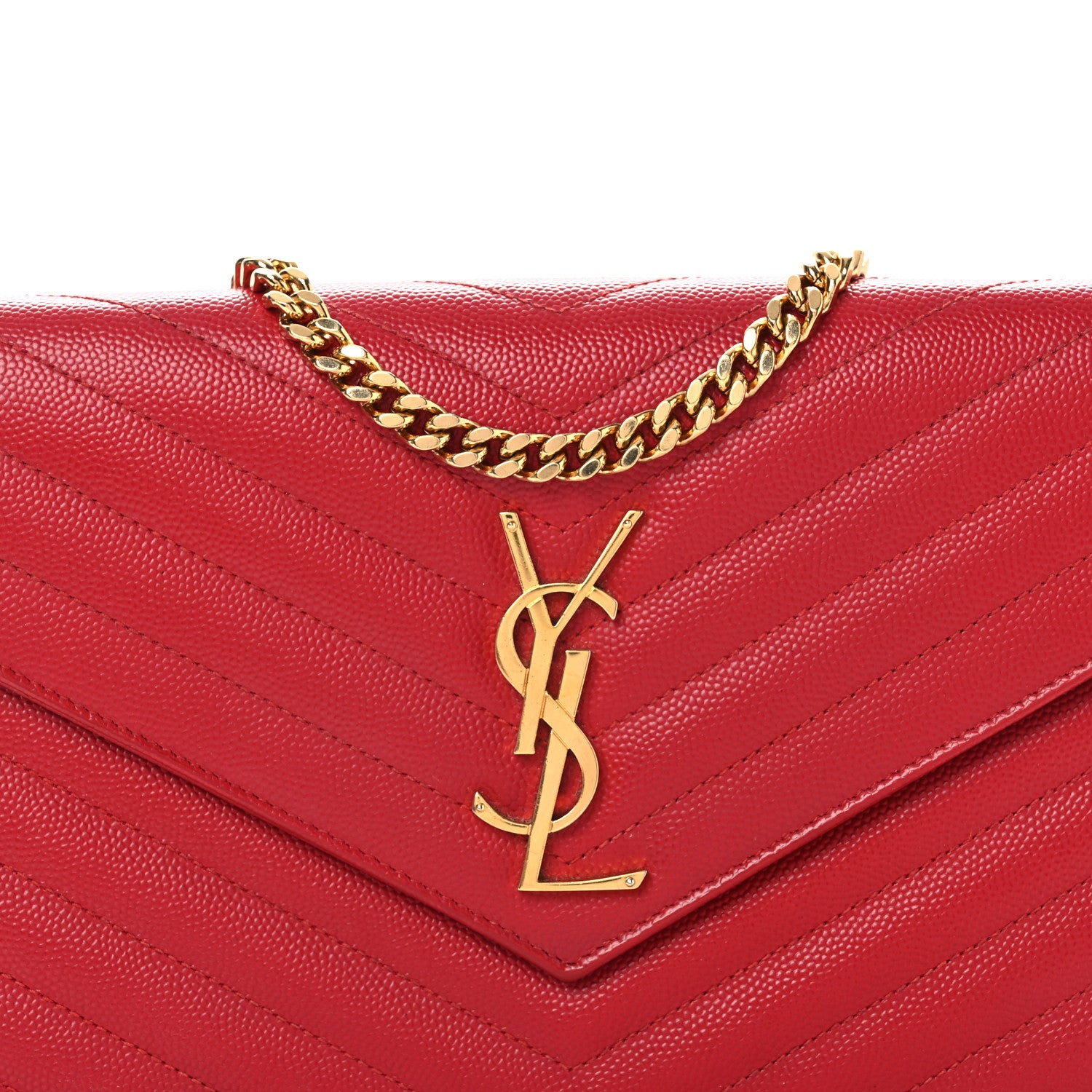 Saint Laurent Grain De Poudre Matelasse Chevron Monogram Chain Wallet Red 8 of 15