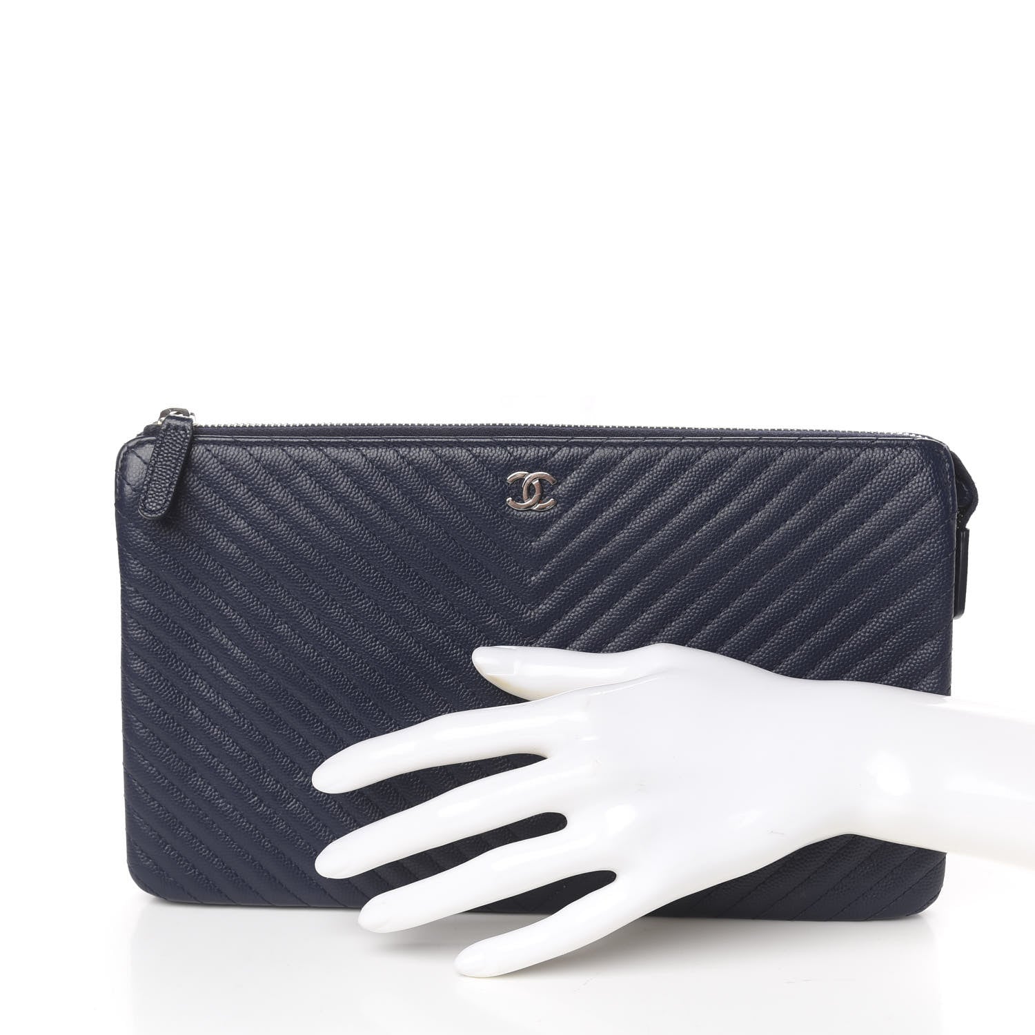 Chanel Caviar Chevron Quilted Large Zipped Clutch Navy 2 of 11