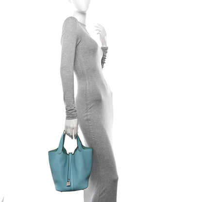 Hermes Taurillon Clemence Picotin Lock 22 MM Bleu Atoll 2 of 11