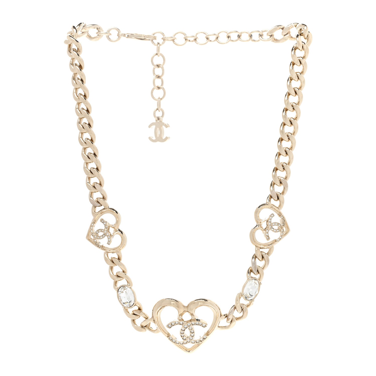 Chanel Metal Crystal Heart CC Chain Necklace Gold 3 of 7
