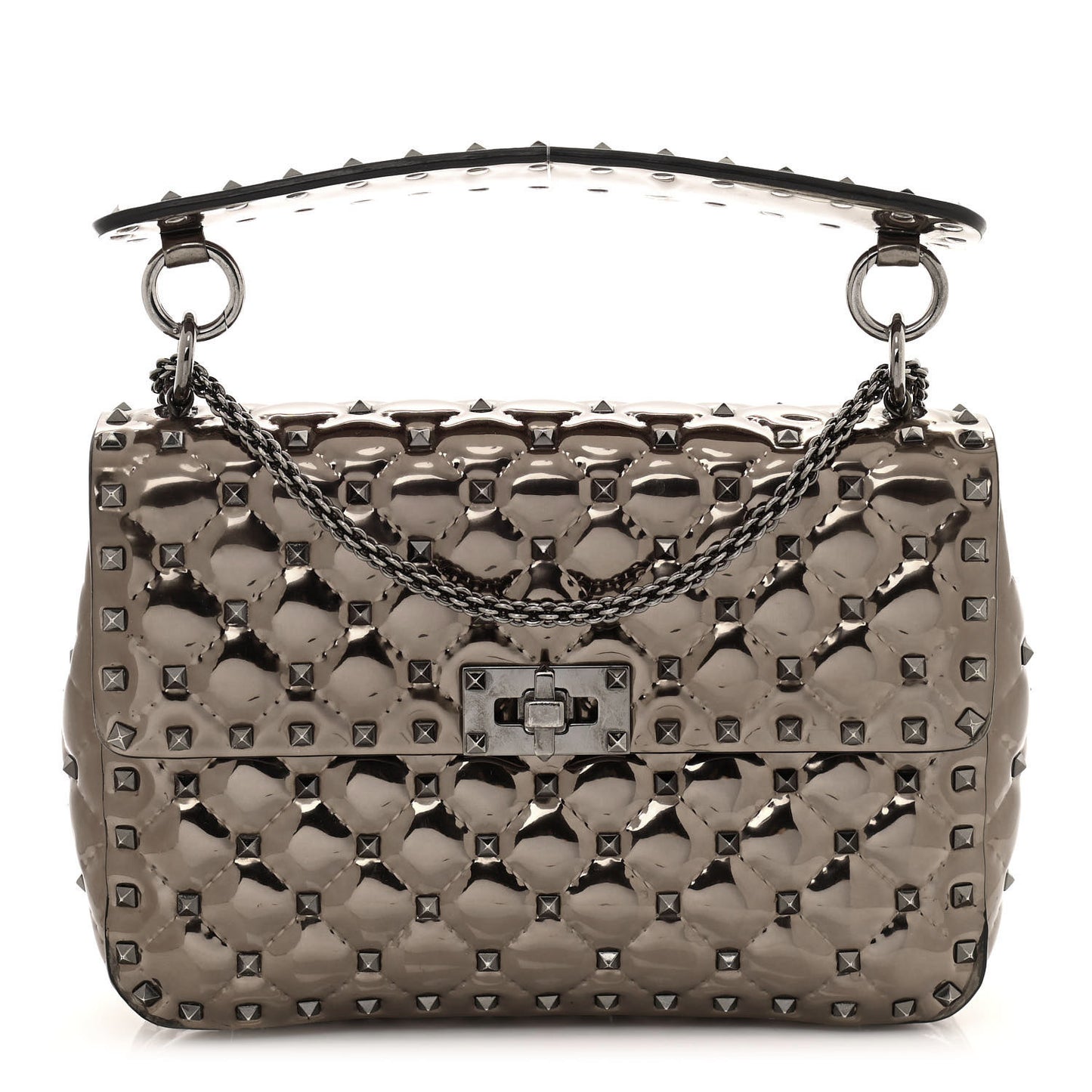 Metallic Patent Medium Rockstud Spike Shoulder Bag Rutenio