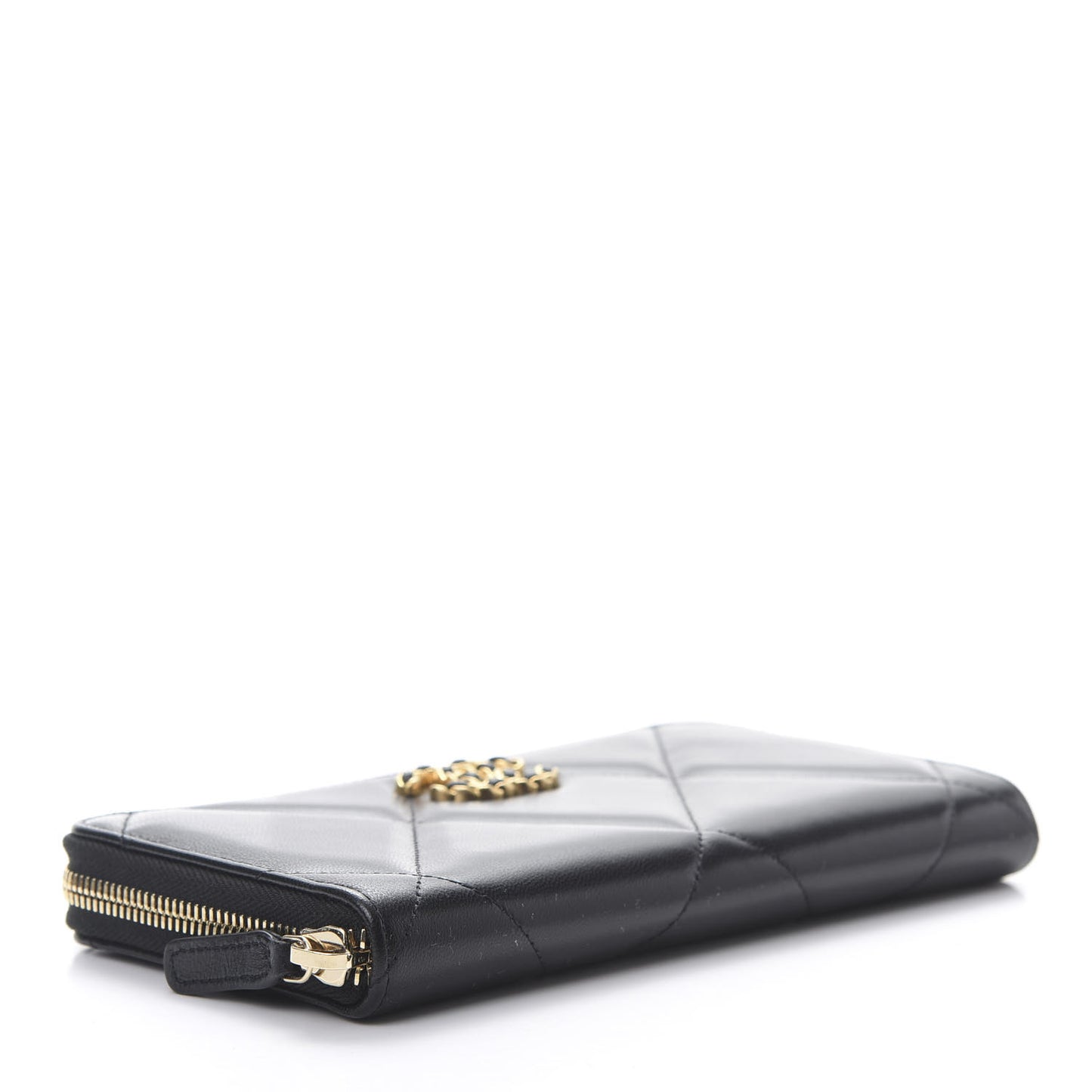Shiny Goatskin Quilted Chanel 19 Long Zipped Around Wallet Black