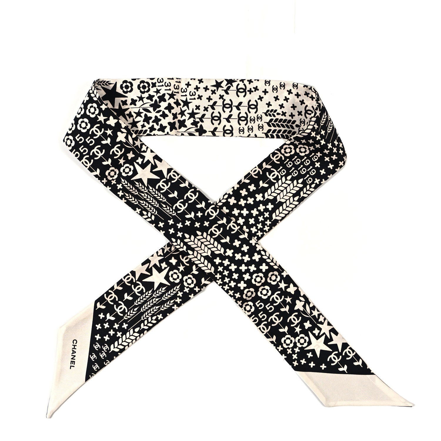 Chanel Silk CC Slim Bandeau Scarf Black Ecru 1 of 4