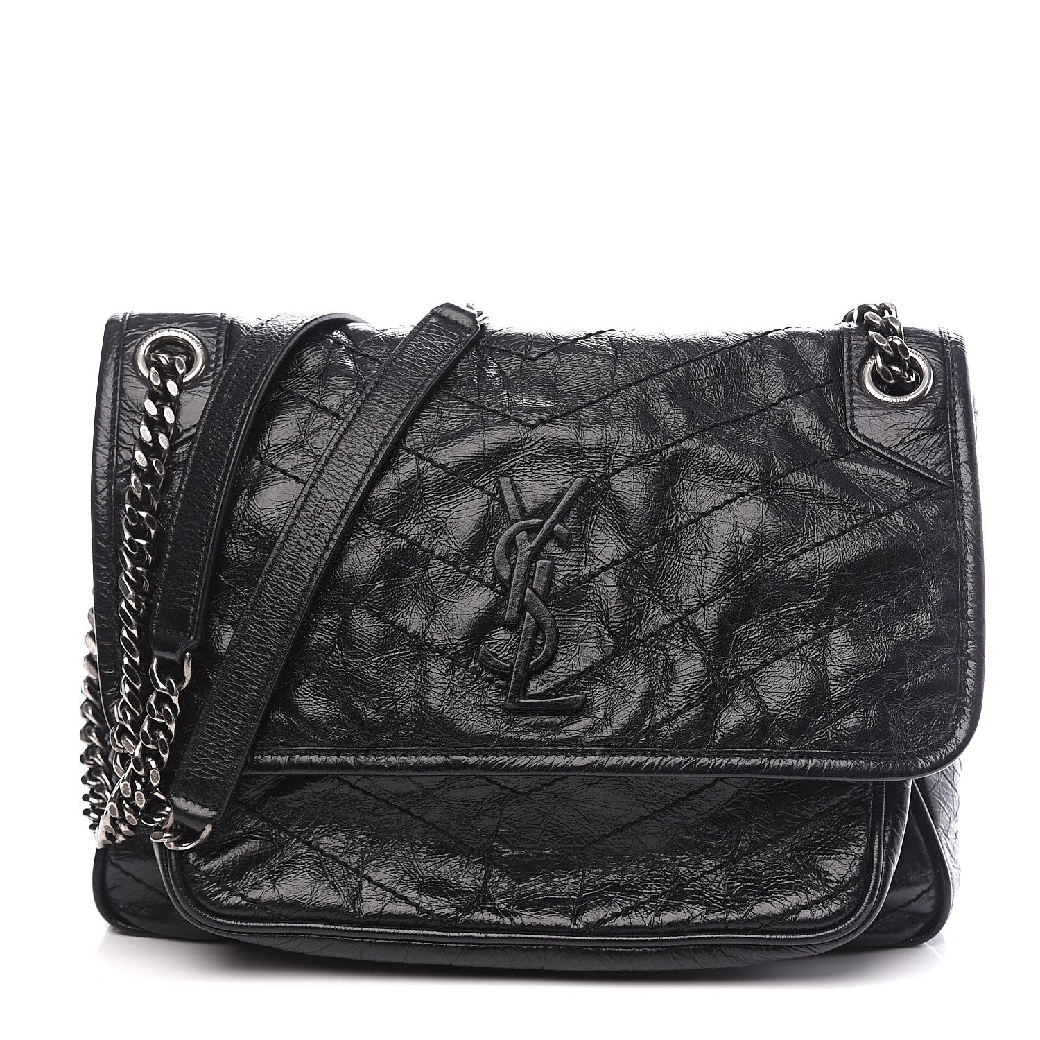 Saint Laurent Crinkled Calfskin Matelasse Monogram Medium Niki Chain Satchel Black 1 of 9
