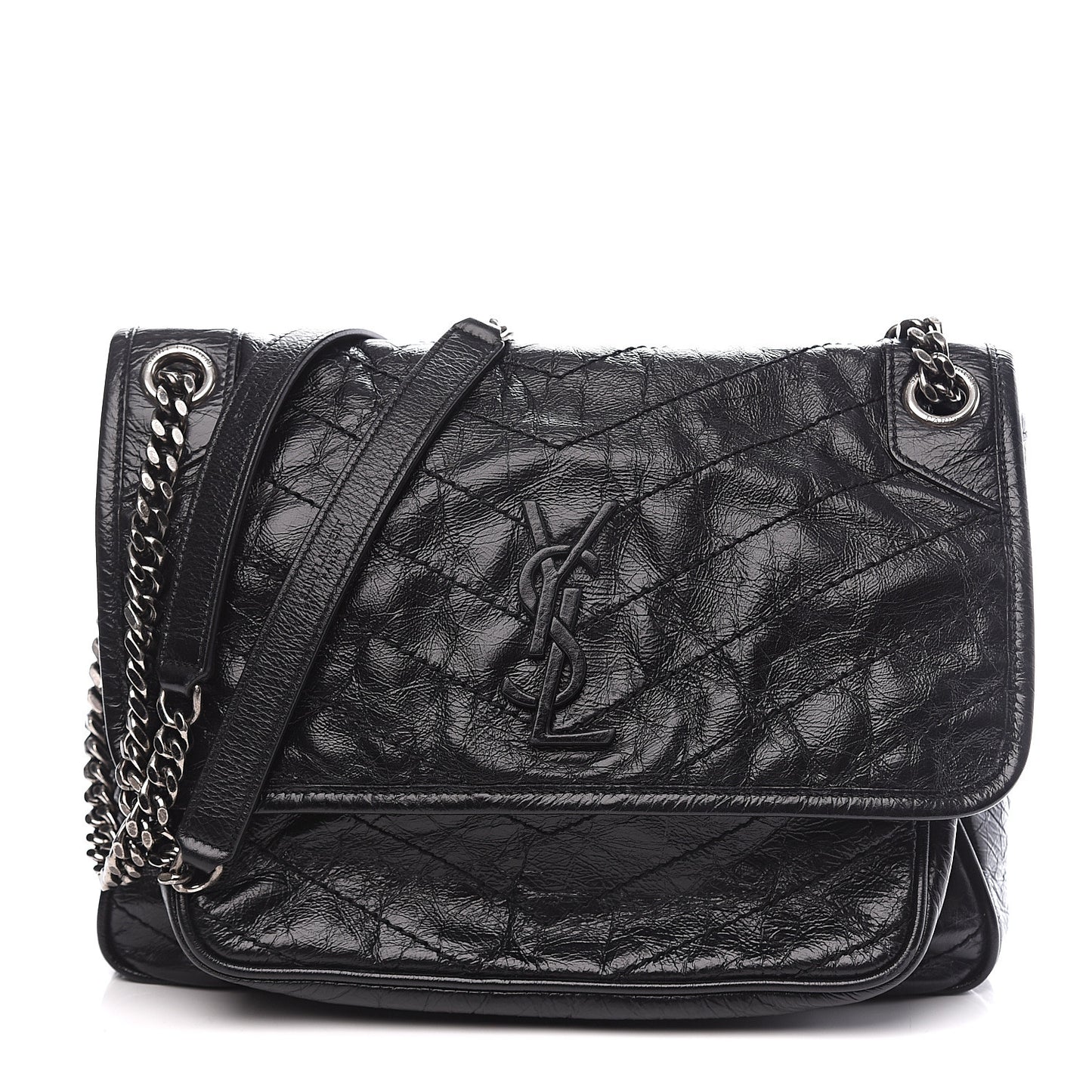 Crinkled Calfskin Matelasse Monogram Medium Niki Chain Satchel Black