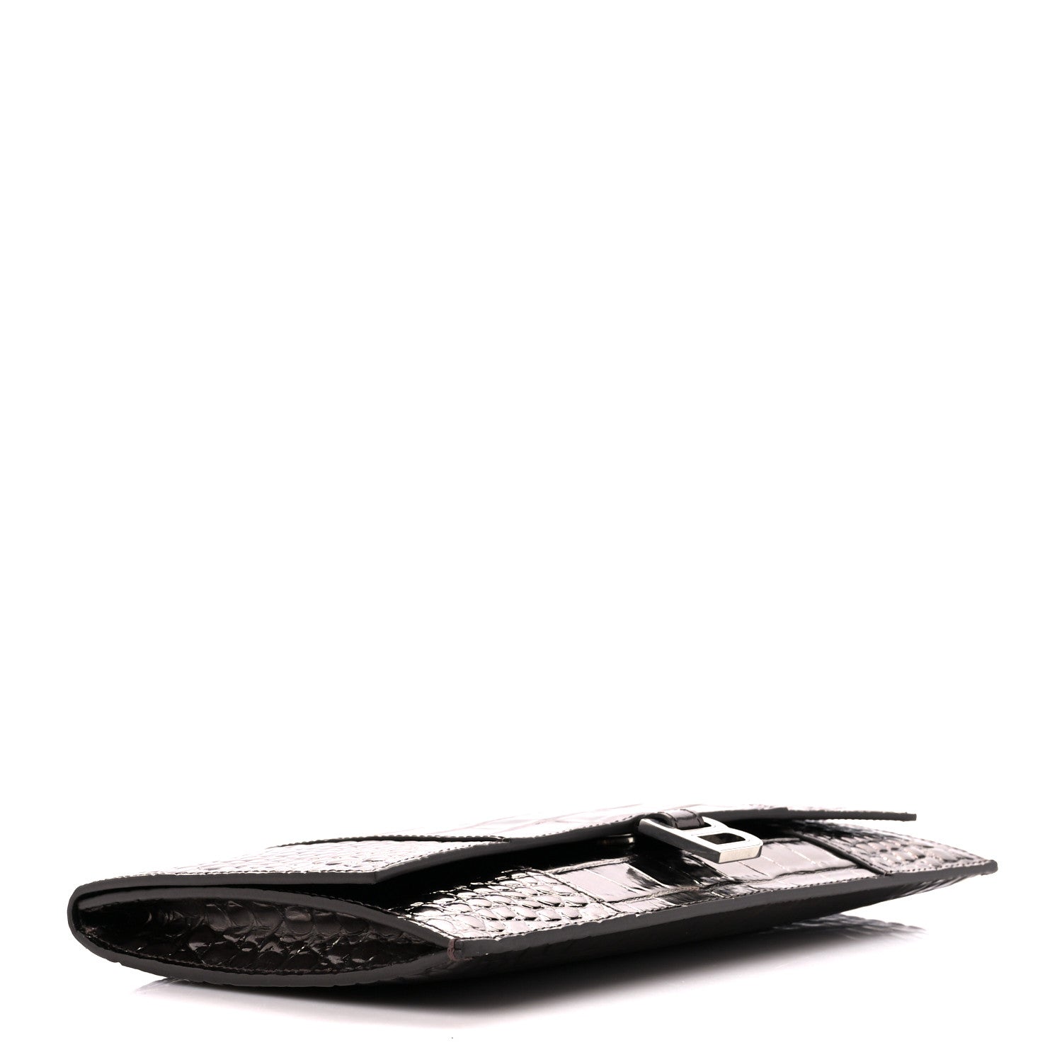 Balenciaga Shiny Metallic Calfskin Crocodile Embossed Hourglass Flap Flat Pouch Dark Bronze 4 of 11