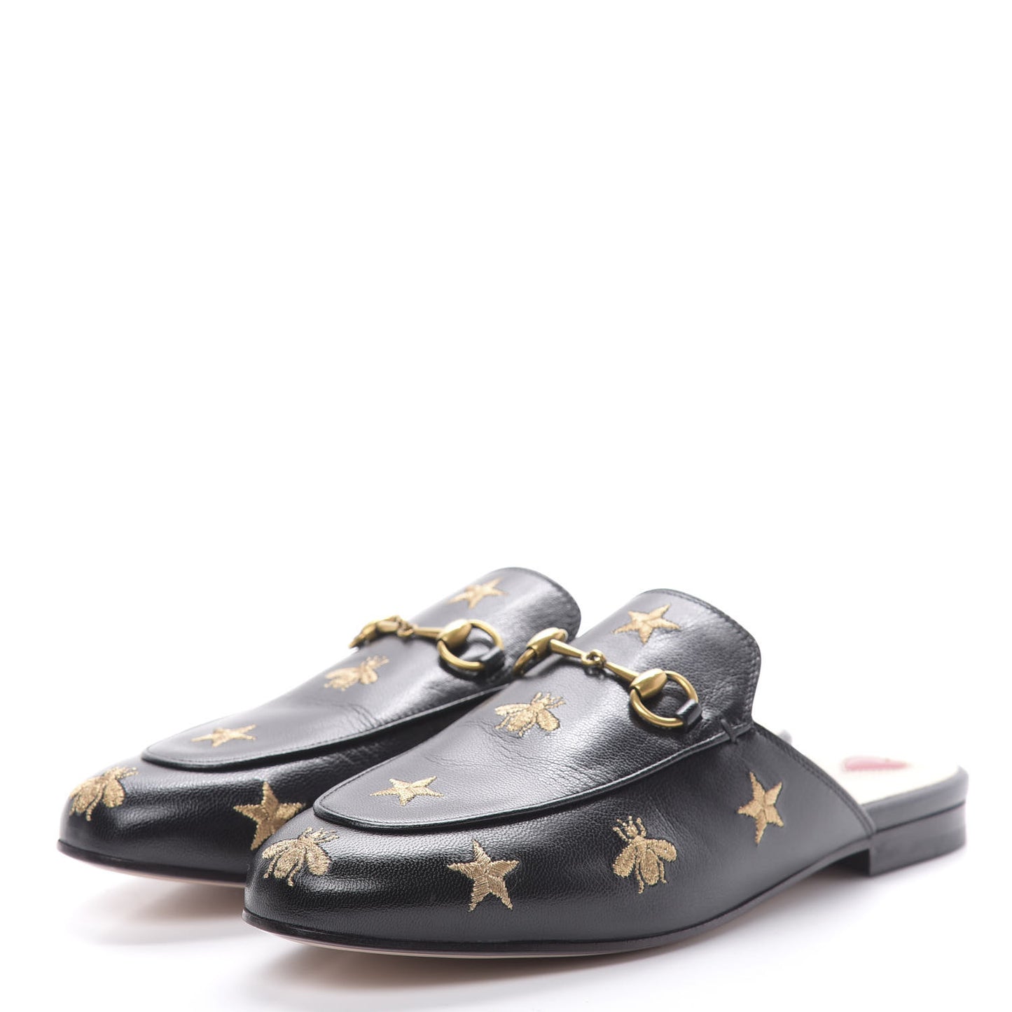 Goatskin Bee Star Embroidered Womens Princetown Slippers 38.5 Black
