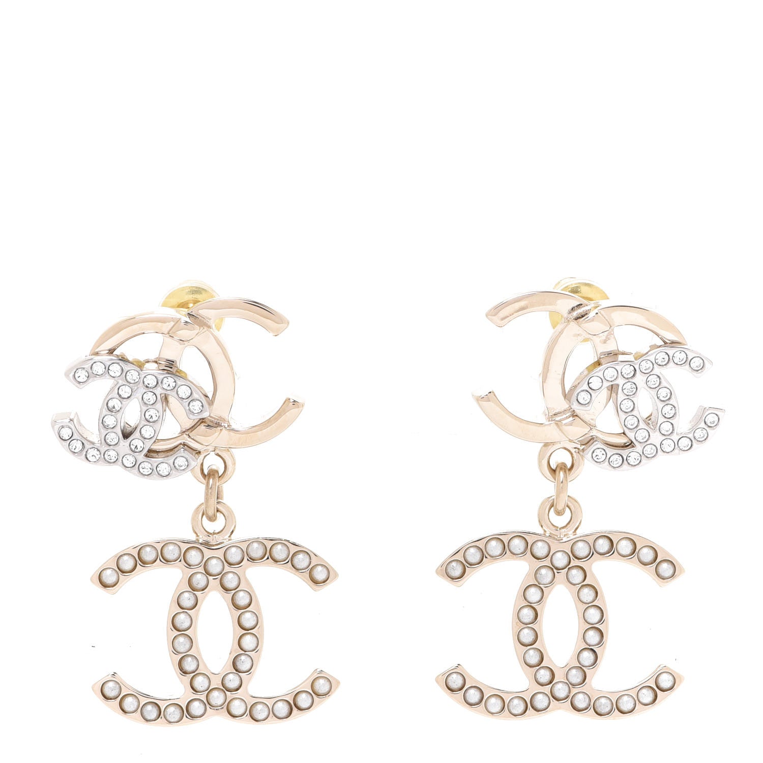 Chanel Crystal Pearl Double CC Drop Earrings Gold Silver 1 of 5