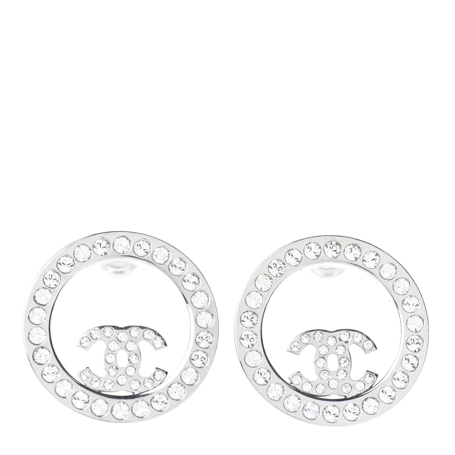 Chanel Crystal CC Round Earrings Silver 1 of 4