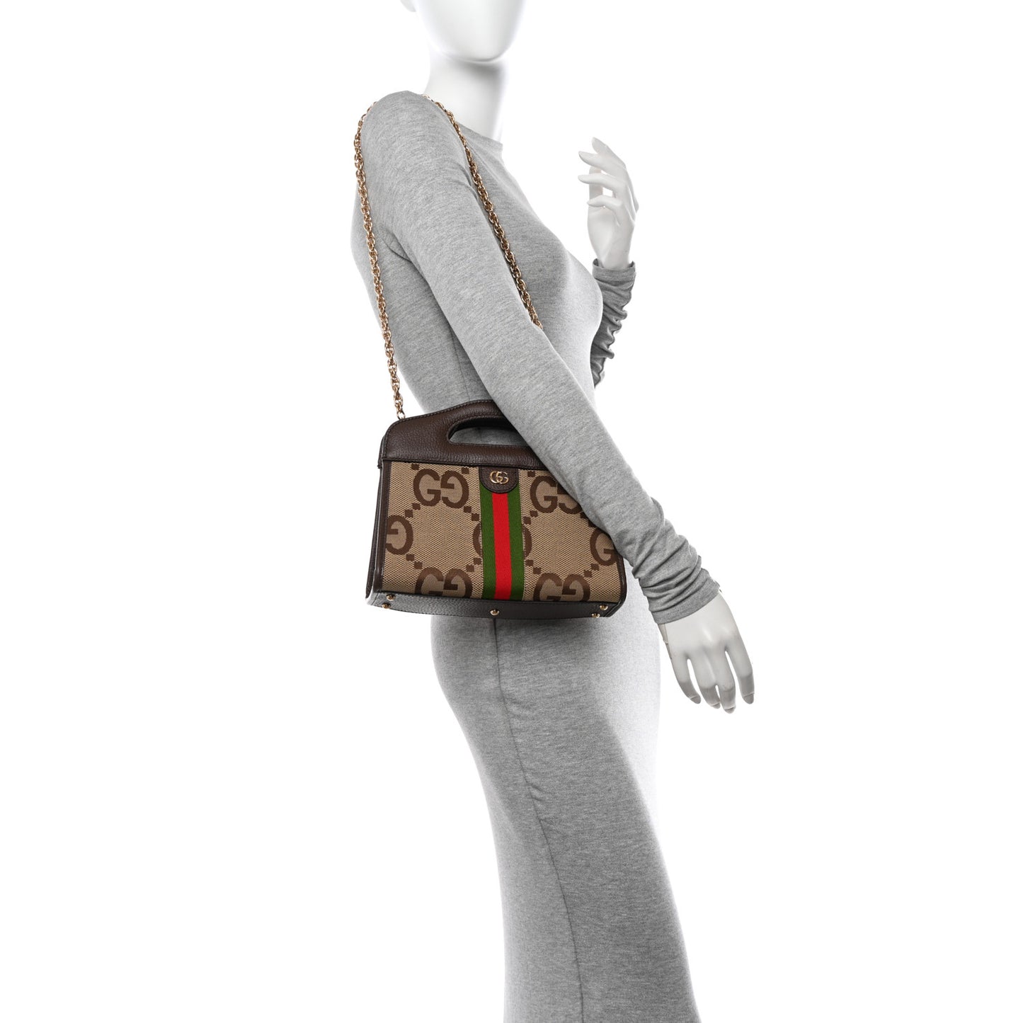 Monogram Jumbo GG Textured Dollar Calfskin Web Small Ophidia Slip Handle Tote Beige Ebony New Acero