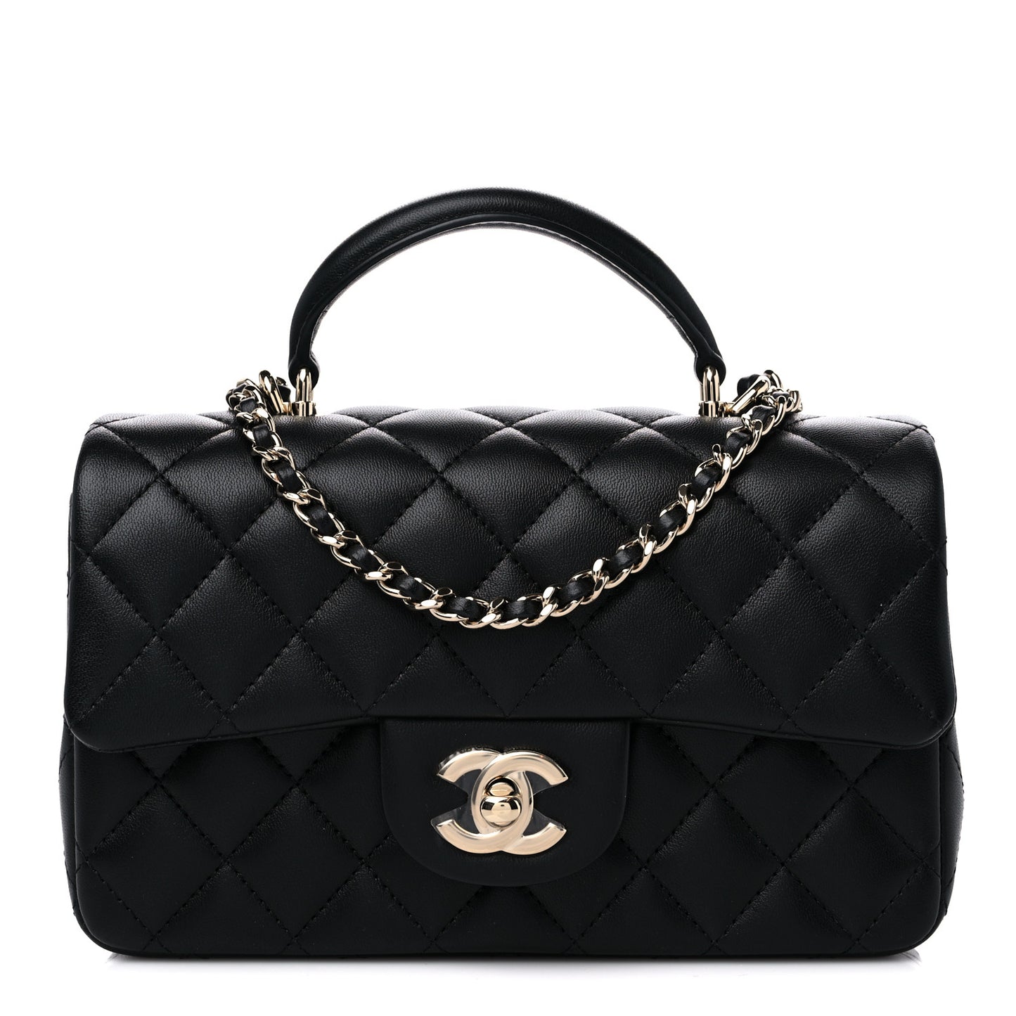 Lambskin Quilted Mini Top Handle Rectangular Flap Black