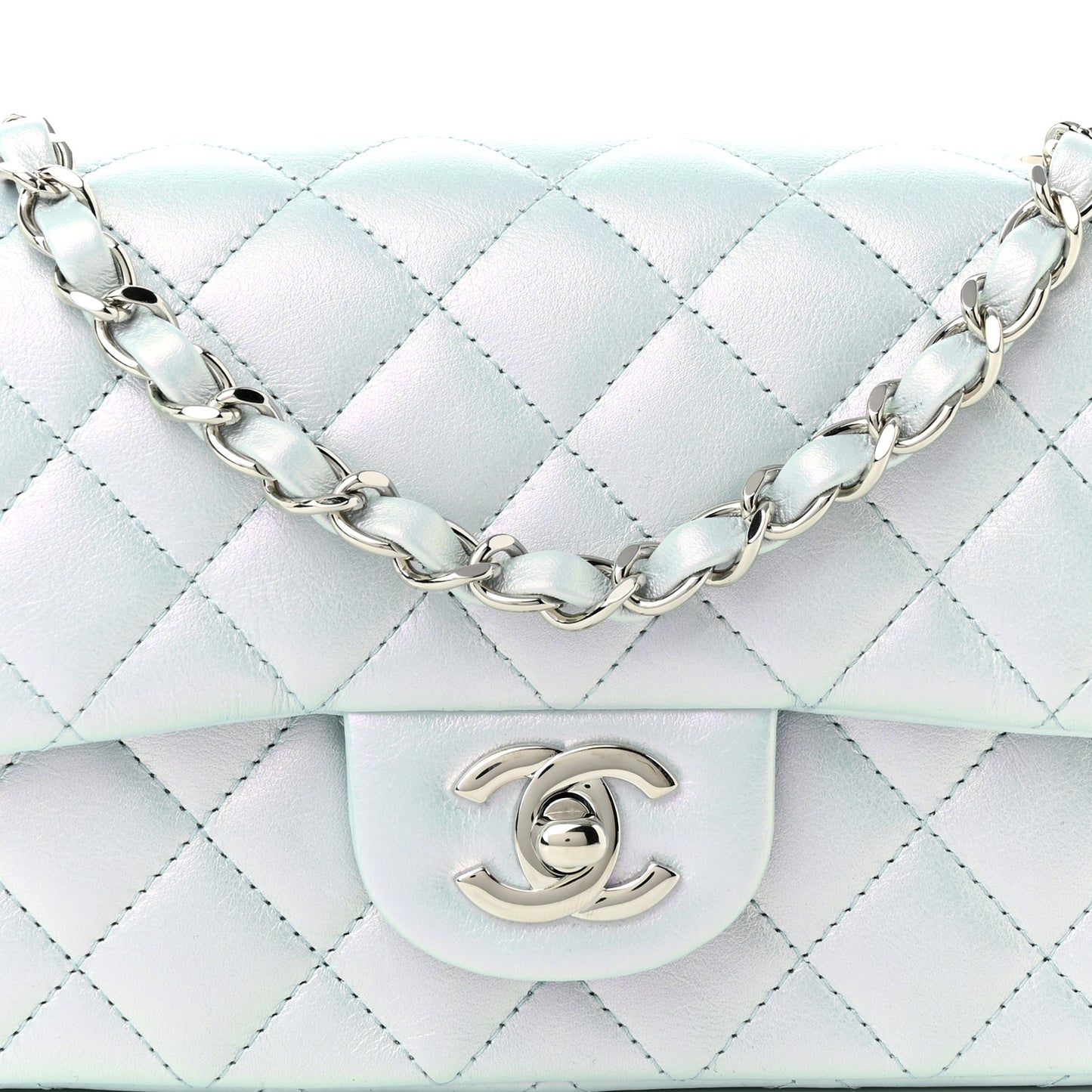 Iridescent Calfskin Quilted Mini Rectangular Flap Light Blue