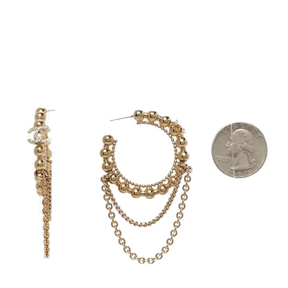 Chanel Metal Crystal Bead Chain CC Hoop Earrings Gold 2 of 4