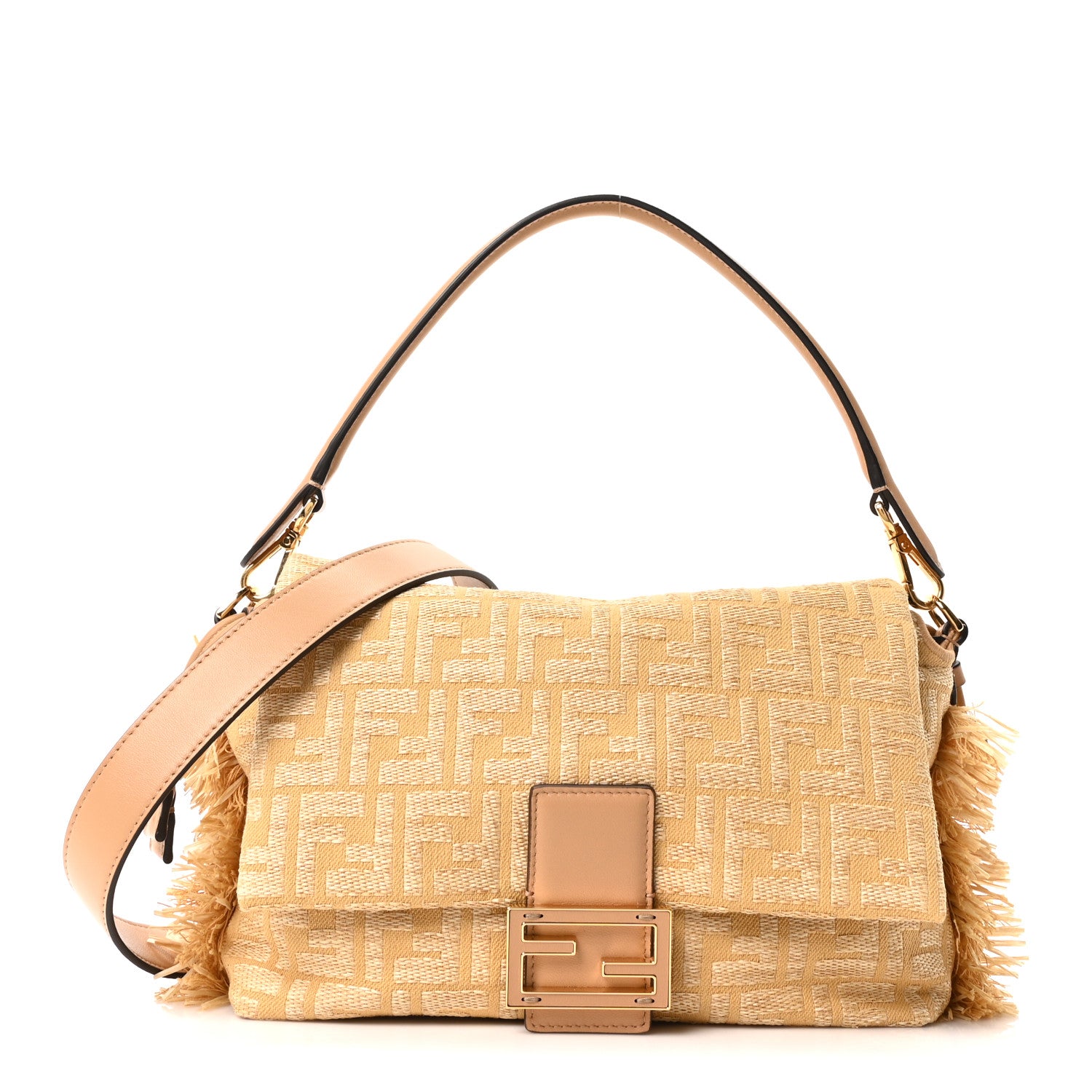 Fendi Fabric Jacquard Raffia Straw Fringe Medium Mamma Baguette Beige 2 of 19