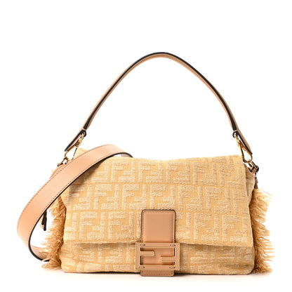 Fendi Fabric Jacquard Raffia Straw Fringe Medium Mamma Baguette Beige 2 of 19